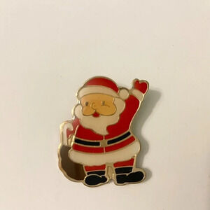 Vintage Santa  Claus Pin Red White and Black Enamel Waving Santa Claus Brooch